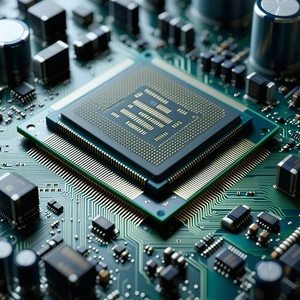 The image features a close-up of a computer chip, which is the cent...