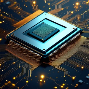 Tech Aerial Photography: Microchip With Digital Particles With Image, There