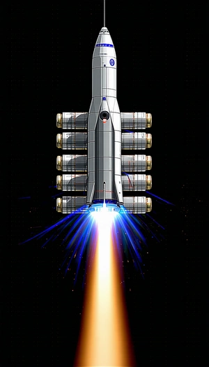 A Rocket Is Shown In A Space Scene, With Its Engine On