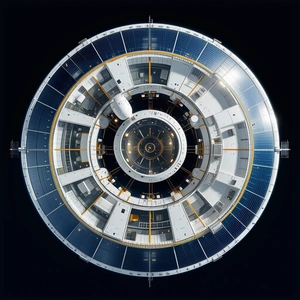 The Image Is A Close-up Of A Large, Round Structure, Possibly A Space Station Or A Satellite