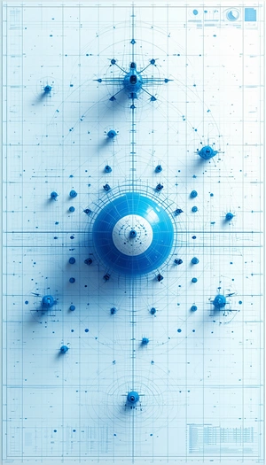 A Blue Sphere Is The Centerpiece Of A Blue And White Drawing