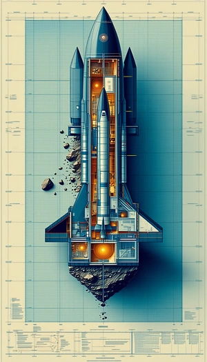 A Space Shuttle Is Shown In A Blue And White Drawing, With The Shuttle Being Inside A Building