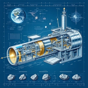 A Large, Futuristic Spacecraft Is Shown In A Blue And White Drawing