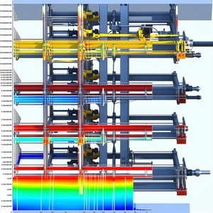 The Image Is A 3d Model Of A Machine With A Yellow And Red Color Scheme