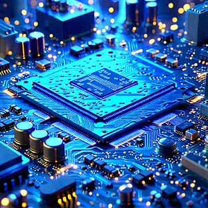 Circuit board with blue light glow