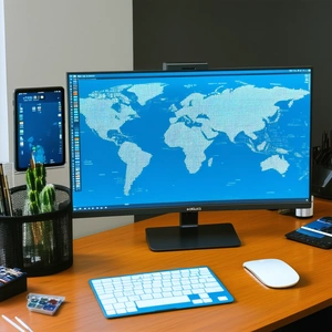 Business Gouache Painting: Workplace with digital (devices:1.48) on desk