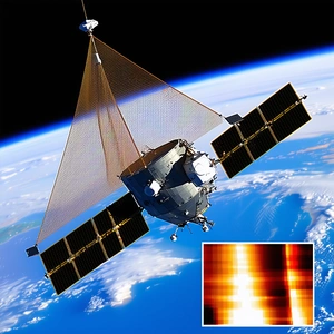 A Spacecraft Is Flying Through The Sky, With A Large Satellite Dish On The Bottom Of The Spacecraft