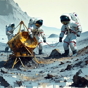 In The Image, There Are Three Astronauts Standing On A Rocky Surface, Possibly On The Moon