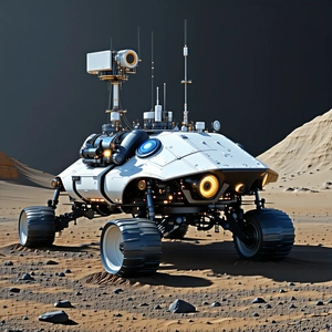 A White Vehicle With A Large Antenna On Top Is Parked On A Rocky Surface