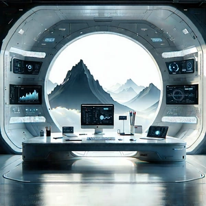 (futuristic:1.41) Digital Workspace With Futuristic Scene,