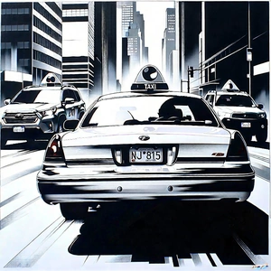 Urban Lithograph: City taxi in main avenue