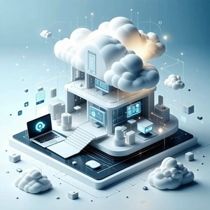 The image features a large white building with a cloud-like structu...