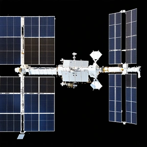 A Large Spacecraft With A White And Blue Color Scheme