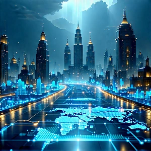 Financial Technology In Design Studio With Futuristic Cityscape