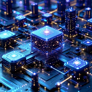 The image is a futuristic cityscape with a large blue cube at the c...