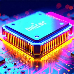 Microchip With Neon Accents With Close-up Computer