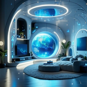 The image depicts a futuristic living room with a large, round wind...