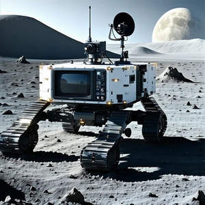 A White Robotic Vehicle With A Television Screen On Its Front