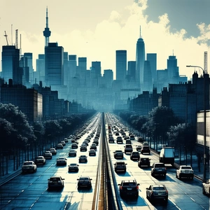 Urban Etching: Cityscape Of Urban Skyline During Rush Hour With Busy City