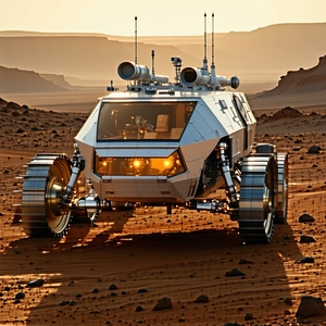 A Futuristic Vehicle, Possibly A Rover Or A Spacecraft, Driving Across A Desert-like Terrain