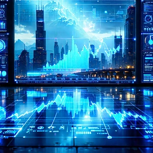 Financial Technology In Tech Office With Futuristic Cityscape