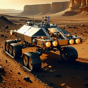 A Futuristic Vehicle, Possibly A Spacecraft Or A Rover, Parked On A Rocky Surface
