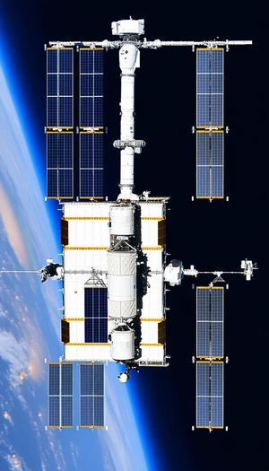 A Large Space Station With A White And Blue Color Scheme