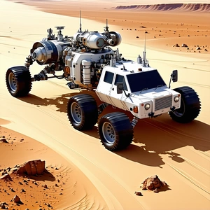 A White And Black Vehicle Is Driving On A Sandy Surface