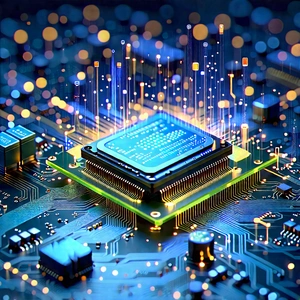 Circuit Board With Data Streams With Close-up Computer