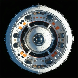 The Image Is A Close-up Of A Large, Round, White And Orange Spacecraft