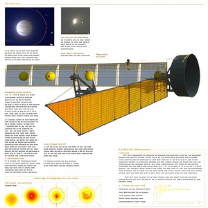 The Image Is A Poster That Features A Spacecraft With A Large Orange Structure On Top Of It