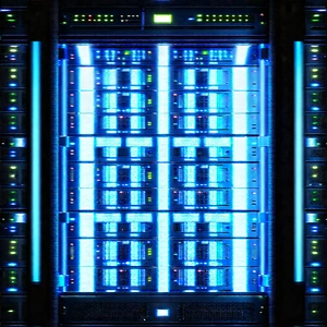Server rack with blue light glow