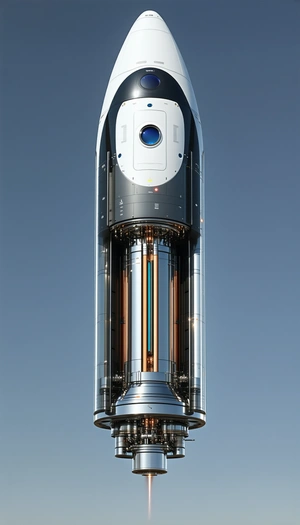 A Large Silver Rocket Ship Is Shown In A Close-up View