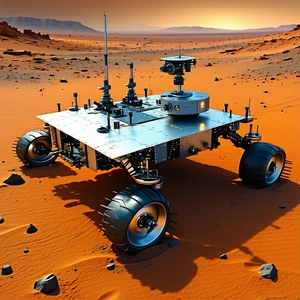 A Large, Four-wheeled Vehicle, Possibly A Robot Or A Rover, Driving Across A Desert-like Terrain