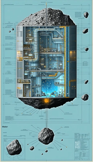 A Large, Futuristic Building Is Shown In A Blue And White Drawing