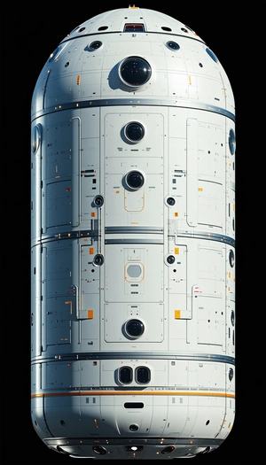 A Large White Spacecraft Is Shown In A Dark Room, With A Few Orange Lights Illuminating The Scene