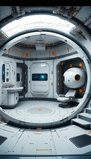 In This Image, There Is A Futuristic Space Station With A Large White Room
