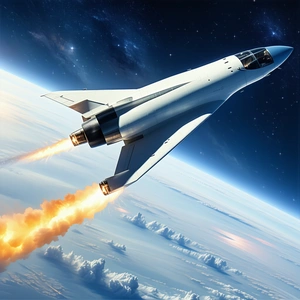 A White Space Shuttle Flying Through The Sky, With A Trail Of Smoke Behind It
