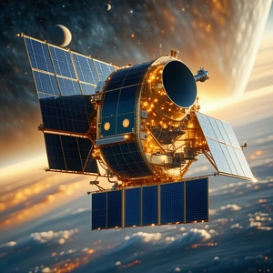 A Spacecraft Is Shown In A Space Scene, With A Large Dome On The Front Of The Spacecraft