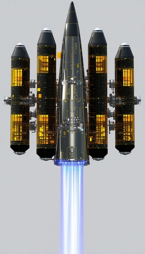 A Large Spacecraft Is Shown In A 3d Model, With A Blue Light Coming From The Bottom Of The Ship
