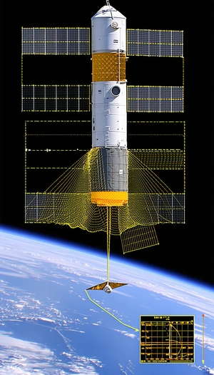 A Space Shuttle Is Shown In A Close-up View, With A Large Yellow Beam Extending From The Shuttle