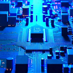 Circuit Board With Blue Light Glow With Close-up Computer