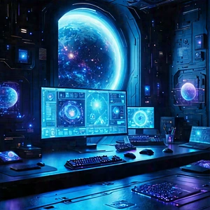 Futuristic Digital Workspace With Image, There
