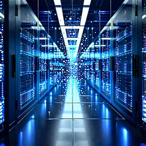 Tech Digital Illustration: Server rack with digital particles
