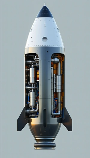 A Rocket Ship Is Shown In A Close-up View, With Its Engine And Fuel System Visible