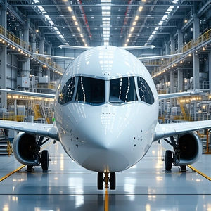The image features a large white airplane parked inside a hangar.