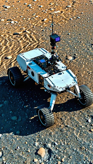 A White Robot Is Sitting On A Rocky Surface, With A Rocky Terrain Surrounding It