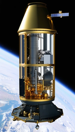 A Large, Gold-colored Structure With A Dome-shaped Top, Resembling A Space Station Or A Satellite