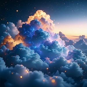 The image features a beautiful cloudy sky with a large, brightly li...
