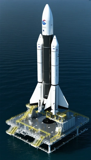 A Large White Rocket Ship Floating On Top Of A Yellow Platform In The Ocean